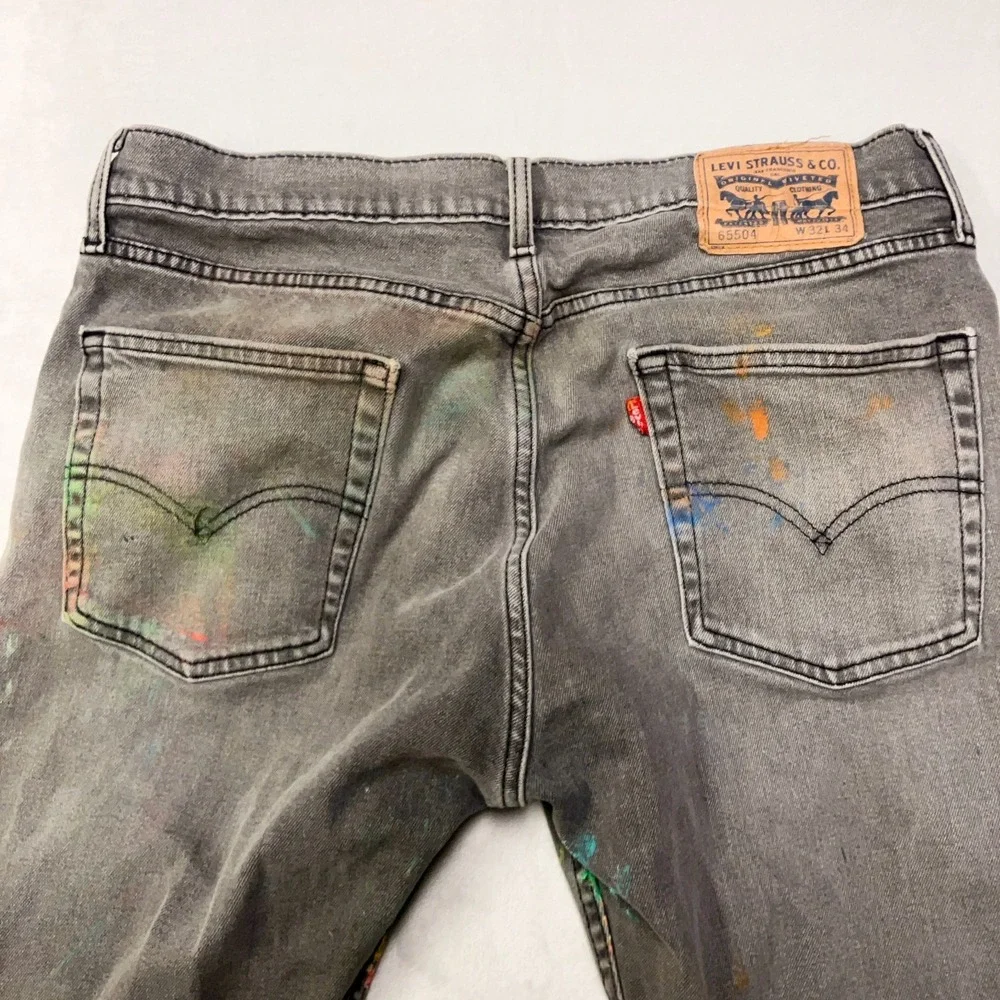 Levi's 65504 Straight Leg Jeans Men 32x29 Gray Upcycled PAINT SPLATTER THRASHED